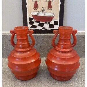 Pair Of Vintage Glass Jugs Urn Style Ribbed Globular Vases  Red 6” Tall